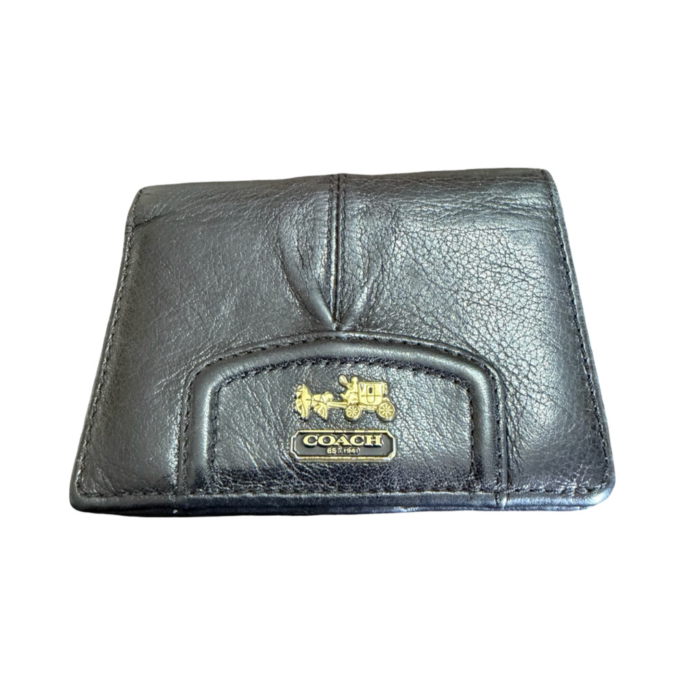 Coach Black Leather Bi-Fold Wallet with Logo Plate and Coin Pouch